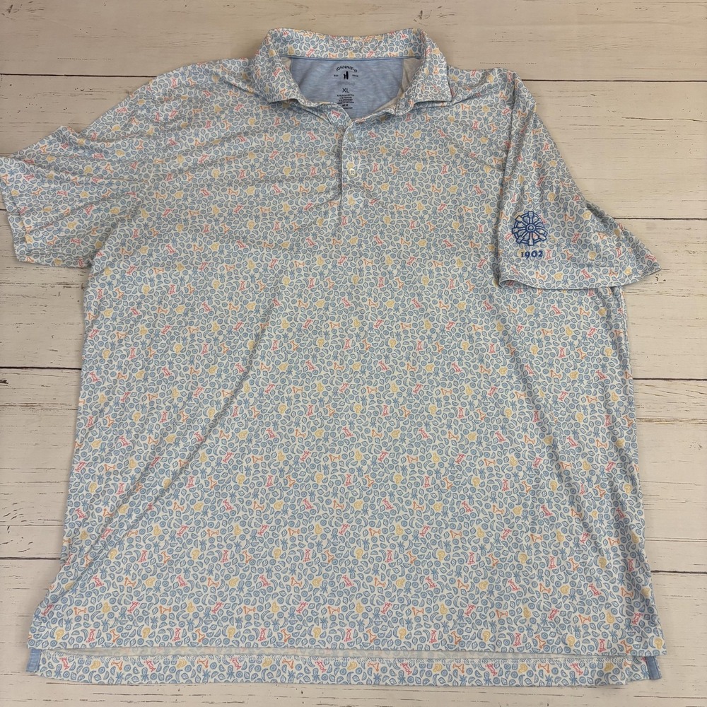 Johnnie-O Golf Polo Shirt Mens XL Blue Short Sleeve Top-Shelf Tropical Print
